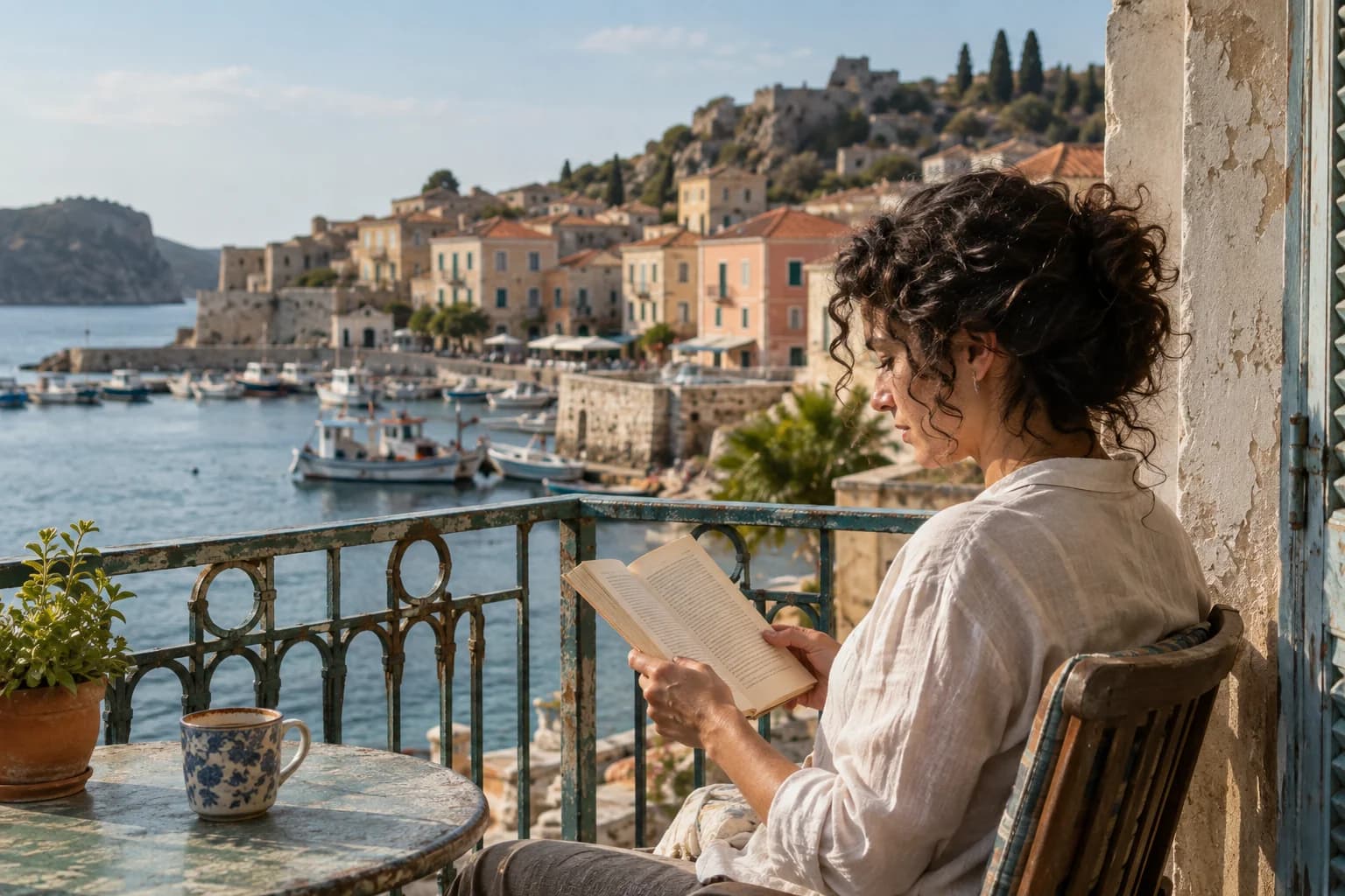 Woman reading a book on a balcony overlooking a coastal harbour.