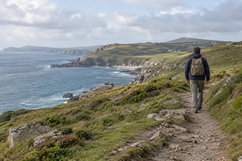Hiker with a backpack walking along a coastal path above the sea.