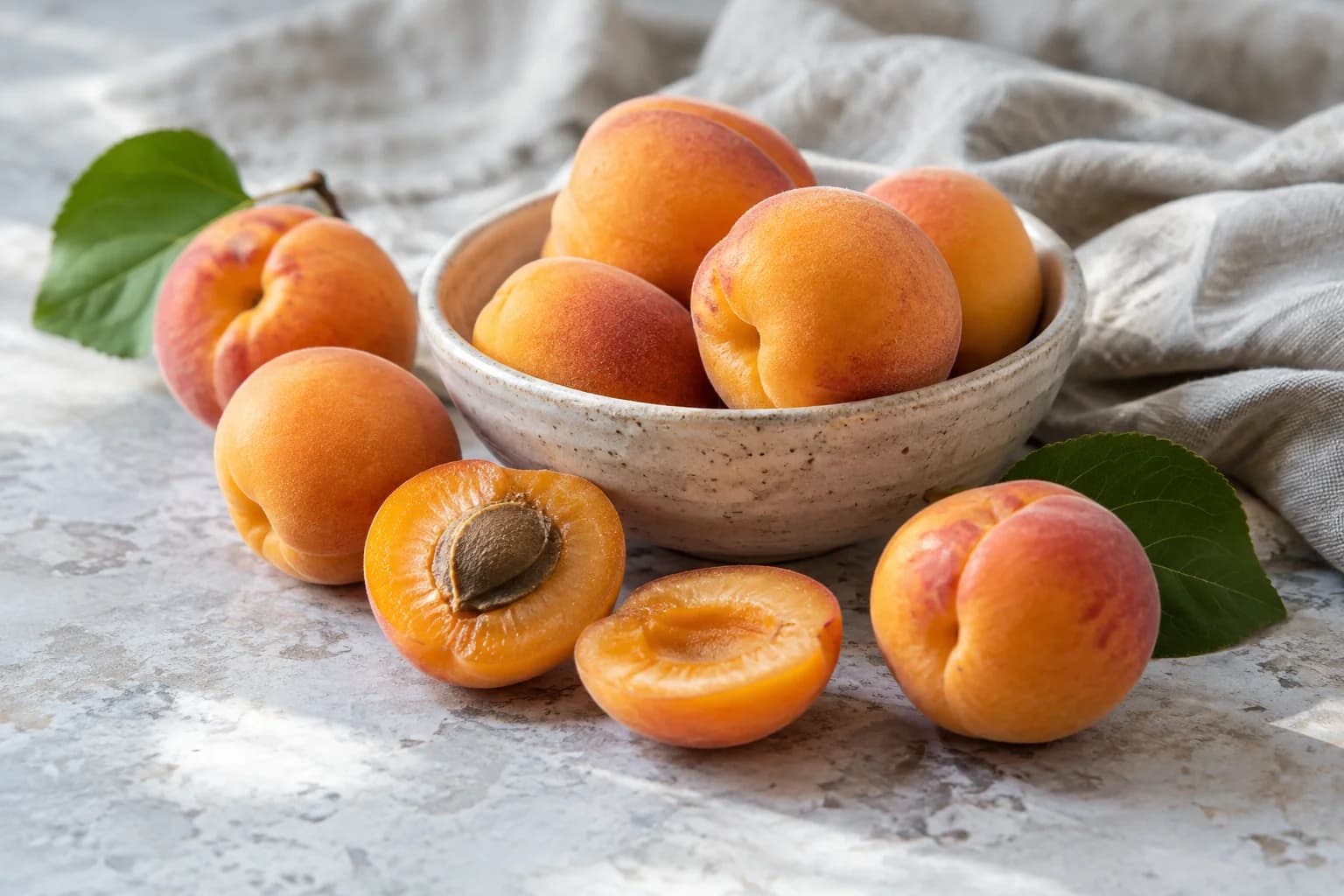 Fresh apricots and cut apricot halves beside a ceramic bowl on linen.