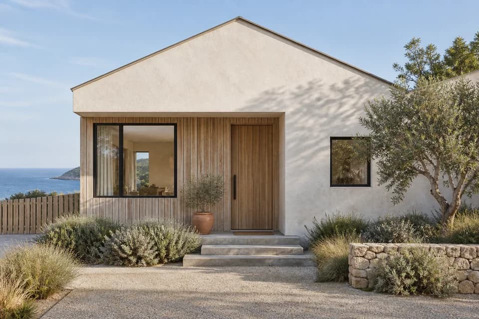 Modern coastal house with pale plaster, timber cladding and an olive tree.