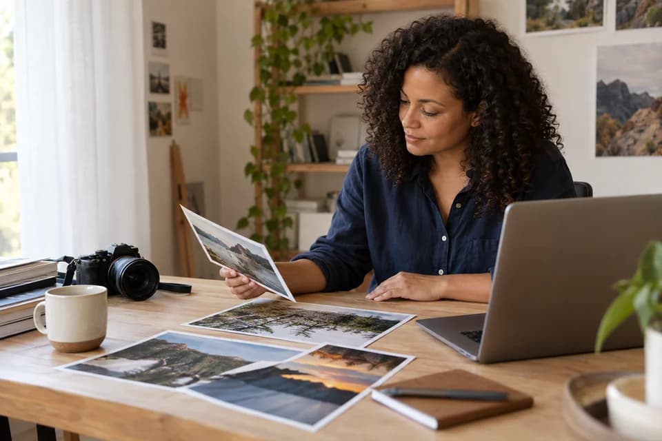 Photographer reviewing landscape prints at a desk beside a camera and laptop.