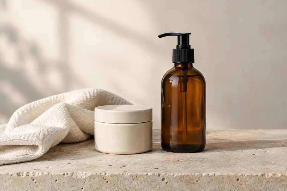 Amber pump bottle and cream cosmetic jar on limestone beside a white towel.